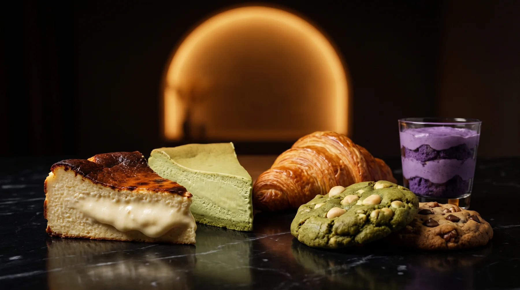 Basque burnt cheesecake, matcha Basque cheesecake, a croissant, matcha macadamia and chocolate chip cookies and an ube parfait on black marble