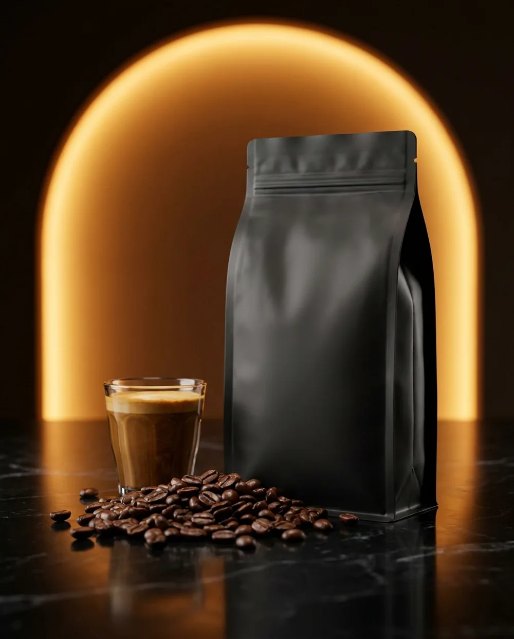 A matte black bag of Sorbo coffee beside dark-roast beans and a cortado on black marble