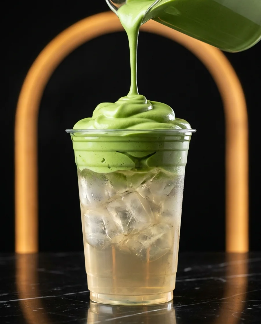 Cloudy Matcha — a thick green matcha whip cloud poured over clear coconut water and ice
