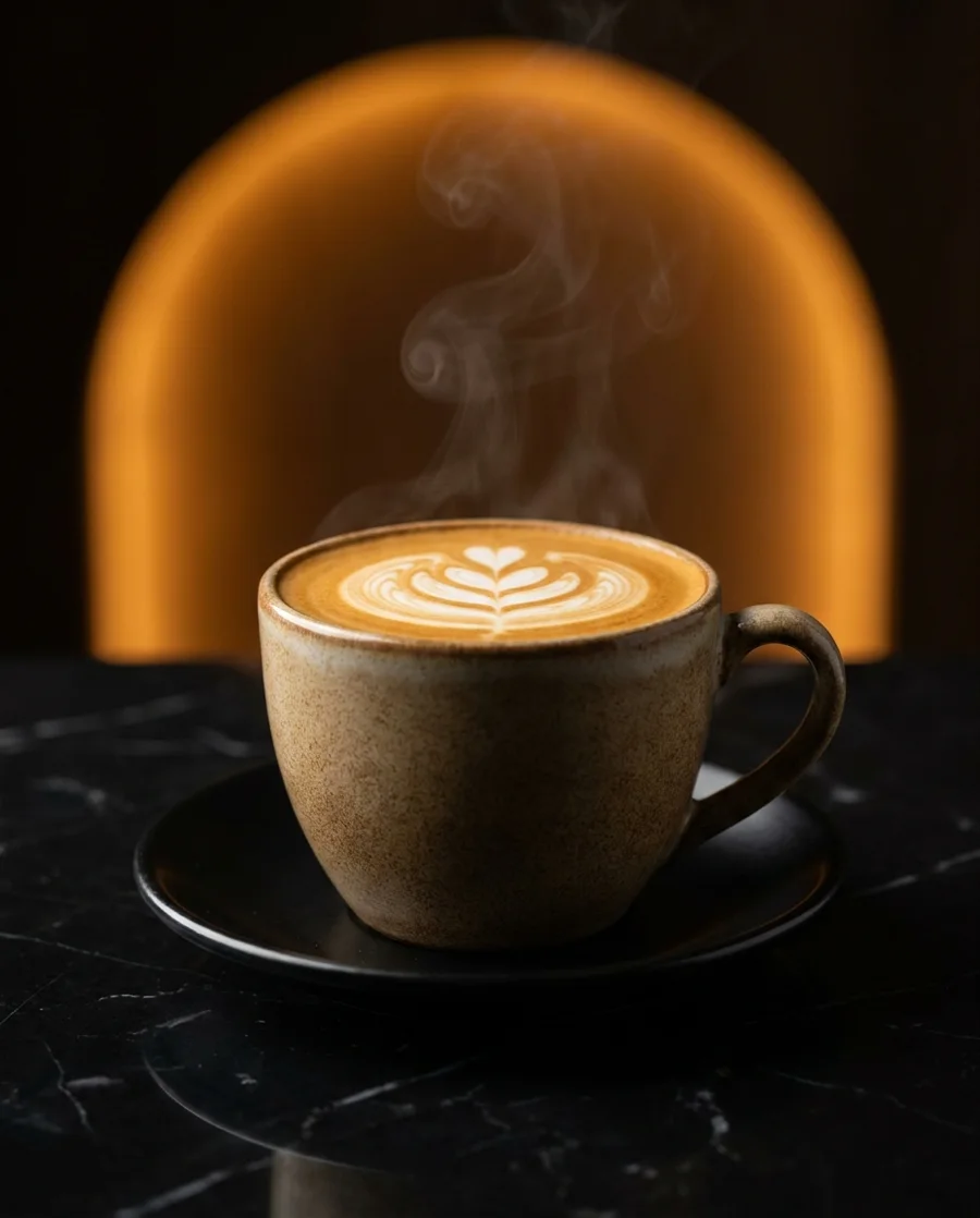 Hot hojicha latte with latte art in a ceramic cup