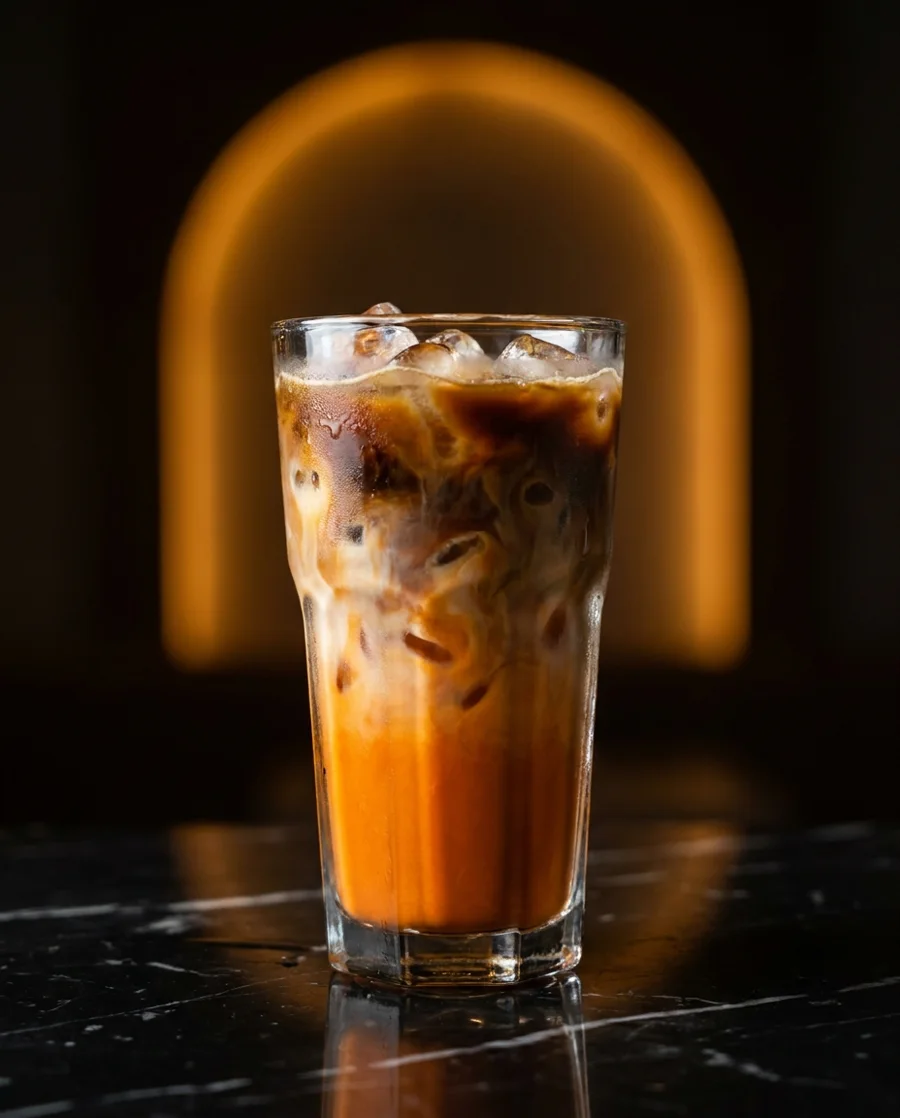 Kopi Chaam — bright orange Thai tea layered with espresso and milk
