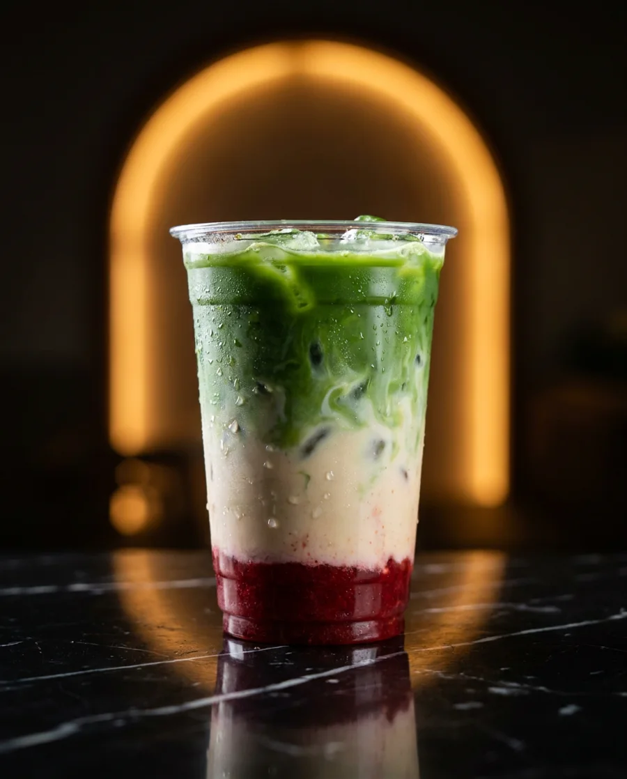 Iced strawberry matcha latte, layered red, cream and green