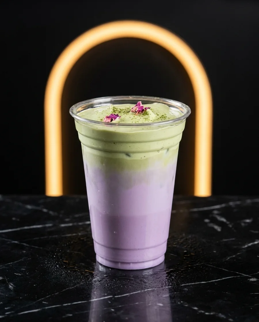 Matcha Ube Latte — lilac ube milk with a thick layer of pale green matcha whip and rose petals