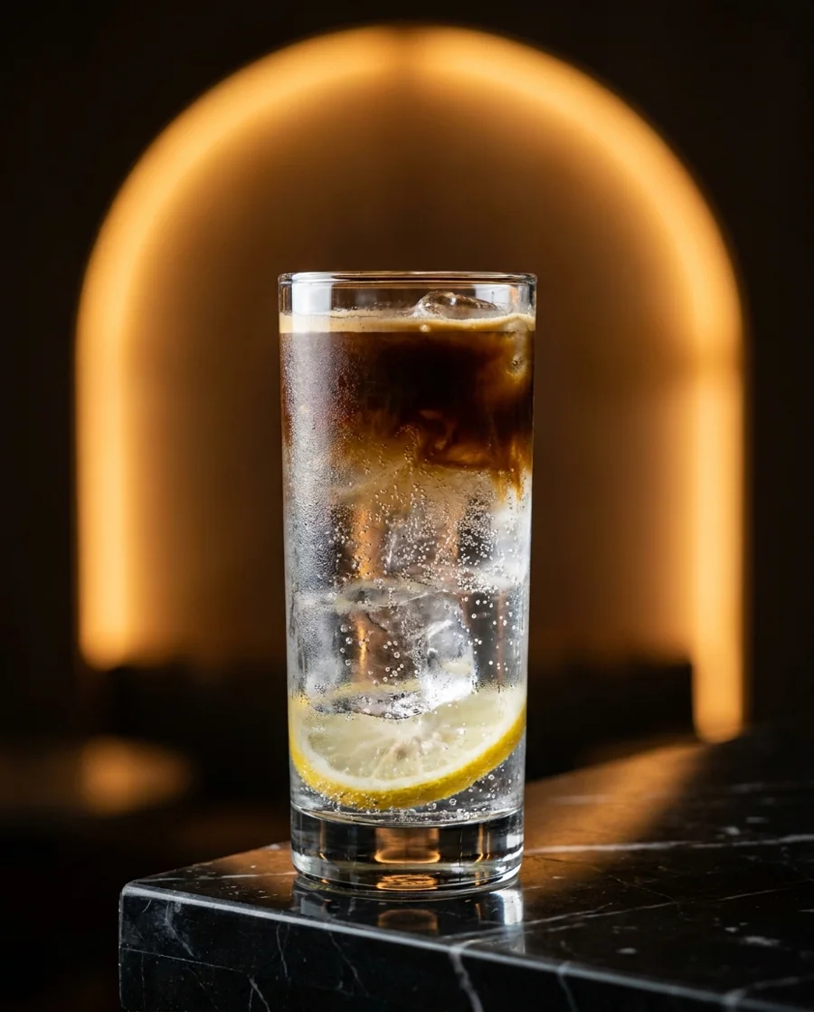 Espresso yuzu tonic in a tall glass with a yuzu slice