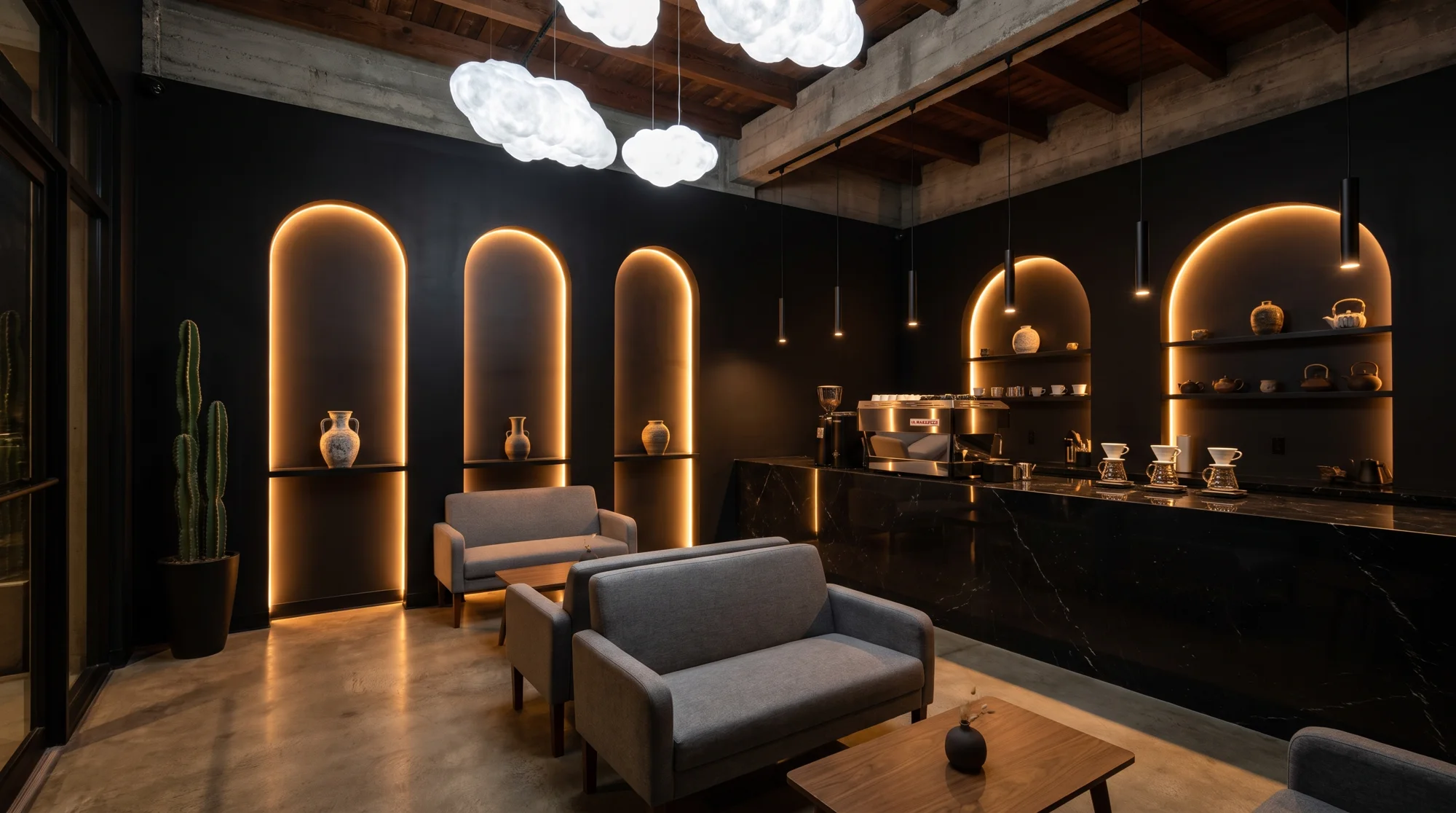 Sorbo's interior — black walls, three glowing arched niches, a marble counter and grey loveseats under cloud lights