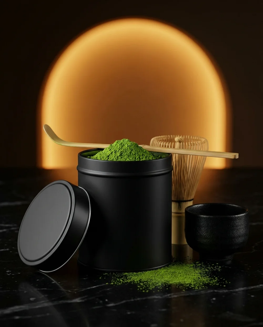 A tin of vivid Yame matcha powder with a bamboo scoop and whisk