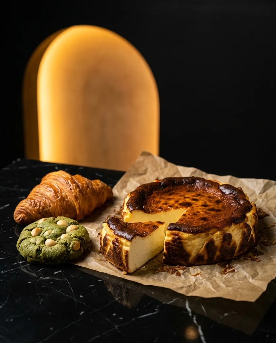 A Basque burnt cheesecake with a slice cut, a croissant and a matcha cookie