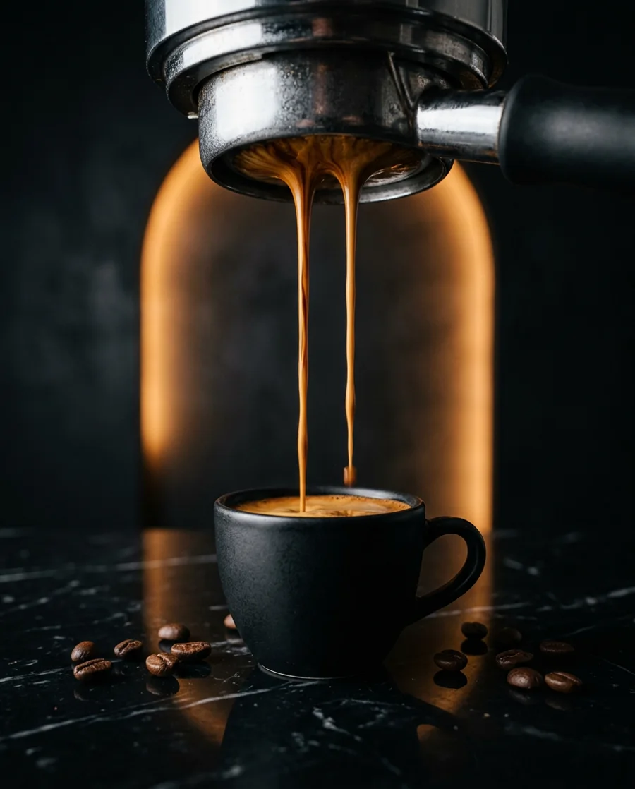 Espresso extracting from a bottomless portafilter into a black cup