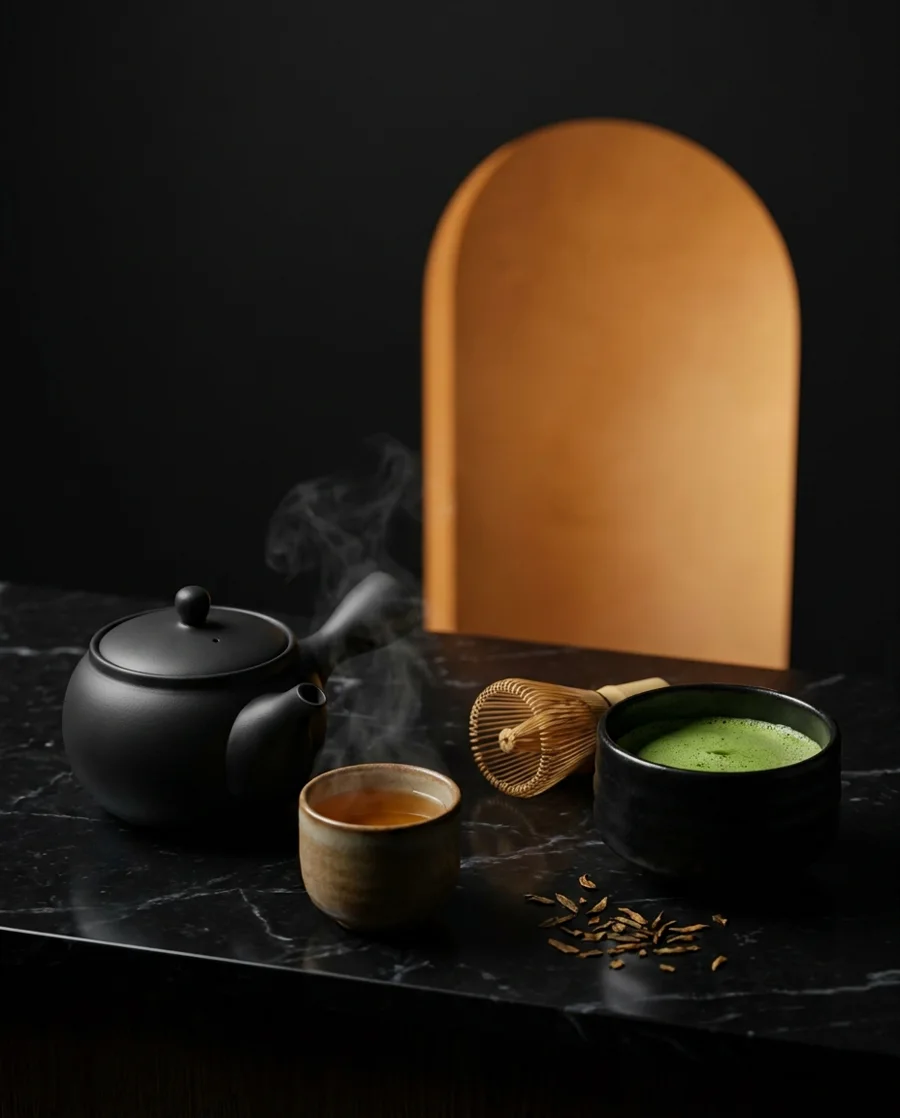 A black kyusu teapot, a cup of hojicha and a bowl of whisked matcha