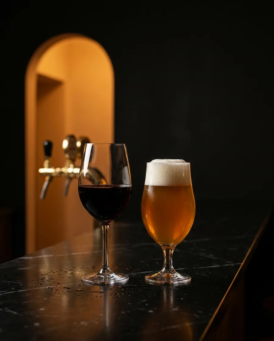 A glass of red wine and a glass of craft beer on black marble